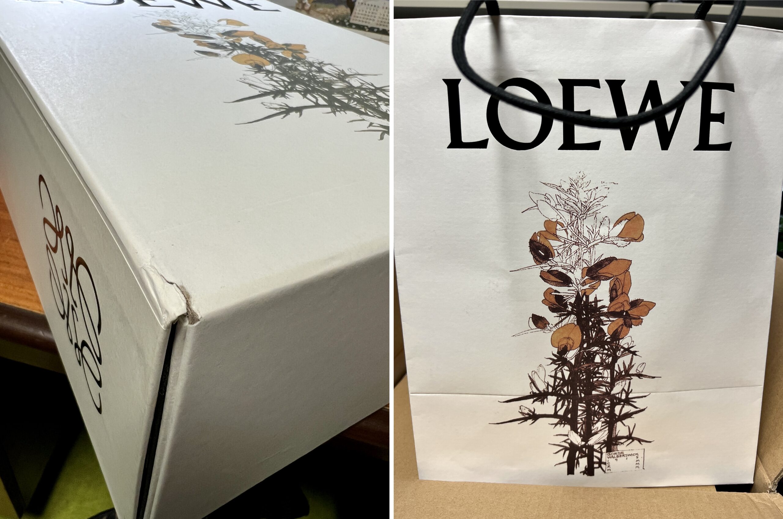 ネット購入したロエベの箱の角潰れや手提げ袋の折れ