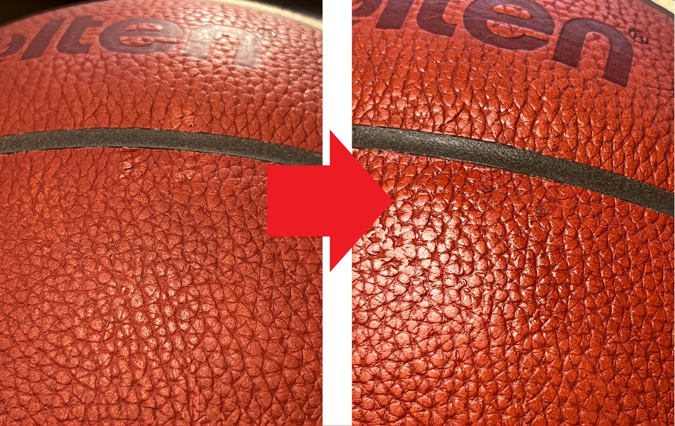 ワックスを使う前と後のバスケットボール表面の変化
