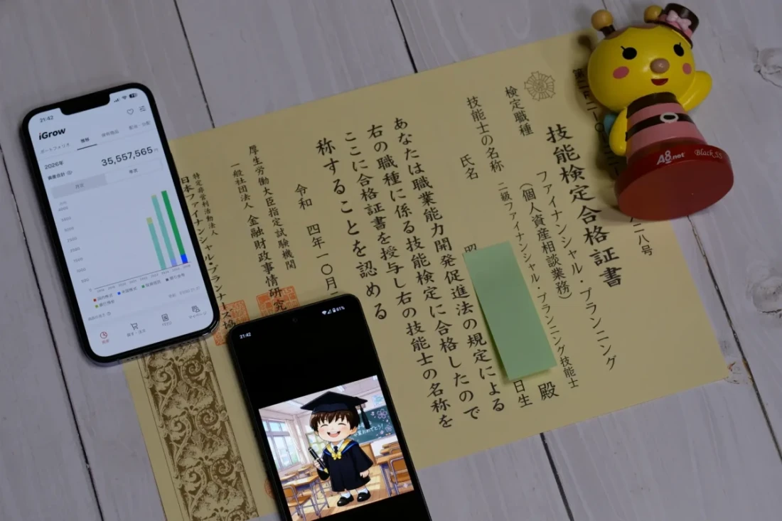 運営者さんくすの実績を証明する三種の神器(FP2級証書,A8.net Black SSトロフィー,楽天証券の資産残高3555万円超)と運営者のアイコン